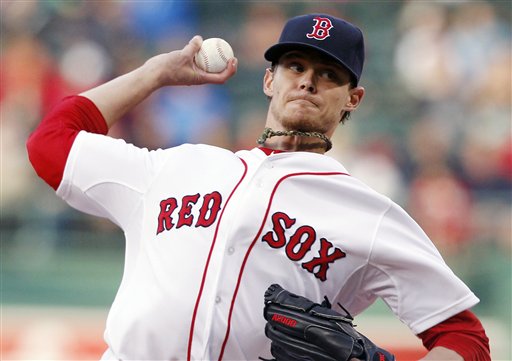 Boston Red Sox's Clay Buchholz pitches in the first inning of a baseball game against the Baltimore Orioles in Boston, Thursday, June 7, 2012. (AP Photo/Michael Dwyer)