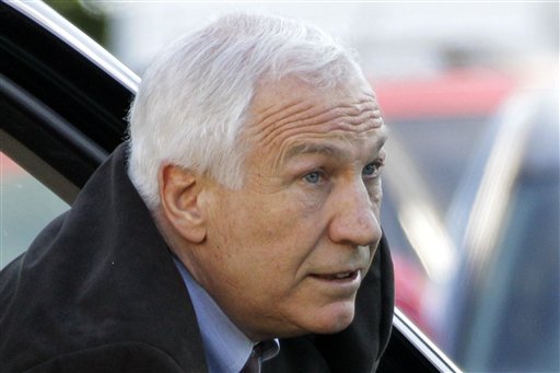 Former Penn State University assistant football coach Jerry Sandusky arrives for the third day of his trial at the Centre County Courthouse in Bellefonte, Pa., today.