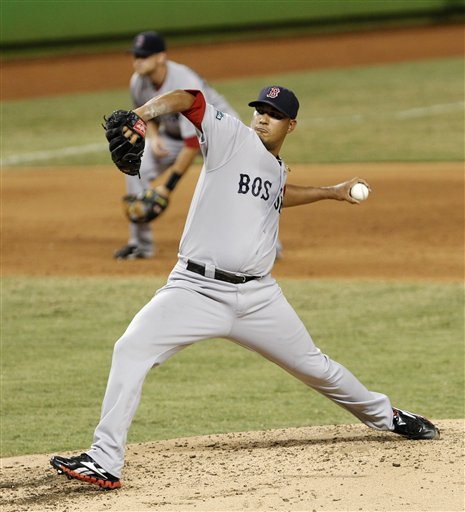 Boston Red Sox's Felix Doubront pitches against the Miami Marlins in the sixth inning of an interleague baseball game in Miami, Wednesday, June 13, 2012. The Red Sox won 10-2. (AP Photo/Alan Diaz)