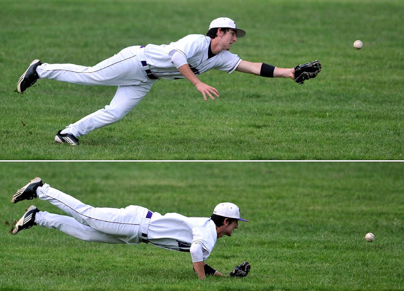 Staff Photo by Michael G. Seamans Waterville Senior High School shortstop Matt Lee, 4, dives for a ball in the fourth inning against Gardiner High School in the Eastern Class B regional quarter finals game at Waterville High School Thursday. Waterville defeated Gardiner 11-1.