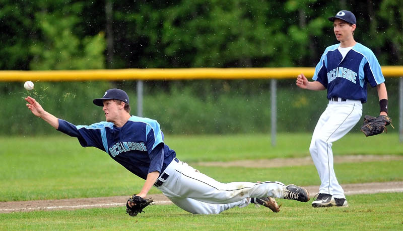 Staff Photo by Michael G. Seamans Oceanside High School pitcher Nick Judge, tries to toss the ball to home plate for a play after a wild pitch bounced back to the infield from the backstop in the third inning in the Eastern Class B preliminary game in Winslow.