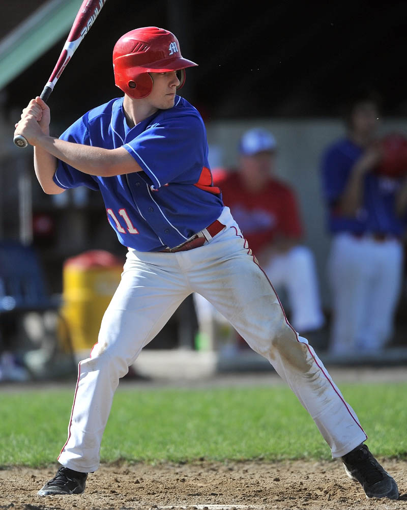 Staff photo by Michael G. Seamans Zach Mathieu, 11, stands in the batters box against Oxford Hills High School at Thomas College in Waterville.