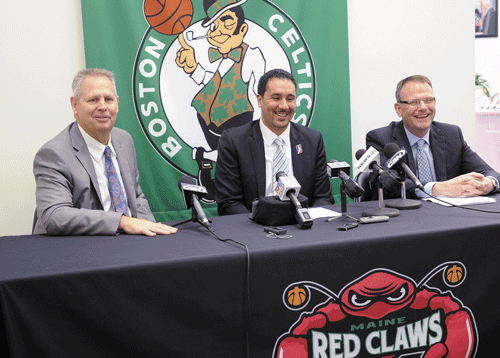 PARTNERS: Danny Ainge, Celtics President of Basketball Operations, left, Dan Reed, NBA Development League President, center, and Bill Ryan Jr., Red Claws co-owner announced Thursday the Red Claws and the Celtics have entered into a affiliations parternship. Under the three-year agreement, the Celtics will have full control over the Red Claws’ basketball operations. That would include hiring a head coach, filling the roster and all basketball-related expenses. The cost is around $220,000 per year, according to team officials.