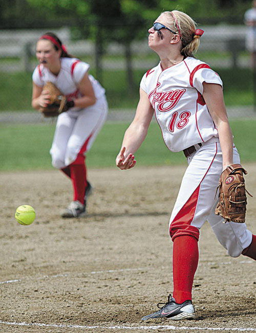 AND HERE’S THE PITCH: Cony High School’s Arika Brochu delivers a pitch against Bangor earlier this season in Augusta. The top-ranked Rams will host the winner of the Mt. Ararat and Hampden preliminary-round game Thursday.
