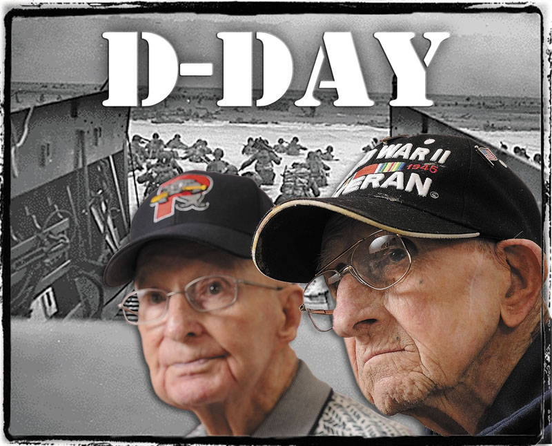 U.S. Troops wade through water and Nazi gunfire during the D-Day landing in Normandy, France, on June 6, 1944. Among them were Leon Audet, left, and Almo Nickerson, who are now roomates at VA Maine Healthcare System, known locally as Togus.(National Archives/MCT)