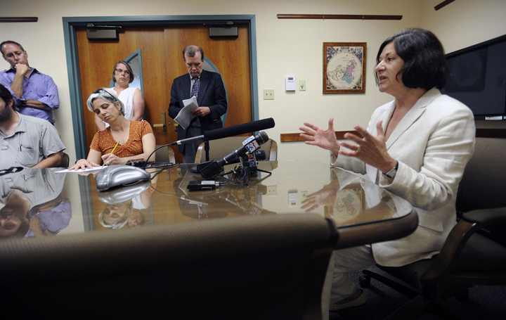 Selma Botman speaks at a news conference after announcing her resignation as president of the University of Southern Maine.