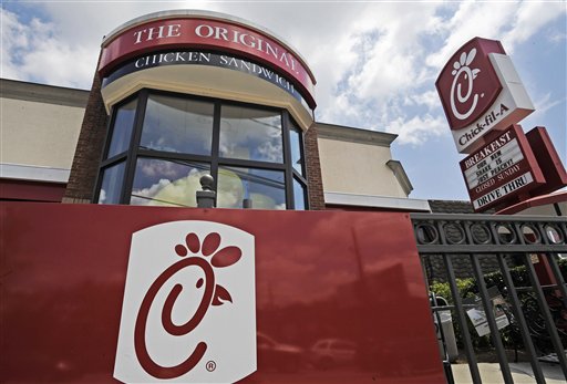 This Thursday, July 19, 2012 photo shows a Chick-fil-A fast food restaurant in Atlanta. Gay rights advocates were surprised Thursday that the president of the Atlanta-based chain has taken a public position against same-sex marriage. Chick-fil-A President Dan Cathy said this week that his privately owned company is "guilty as charged" in support of what he called the biblical definition of the family unit. (AP Photo/Mike Stewart)