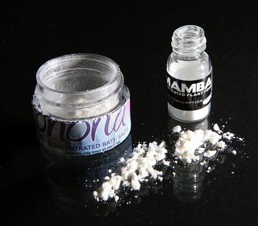 This Jan. 26, 2011, photo shows containers of bath salts in Mechanicsburg, Pa. There's been a surge in the use of synthetic drugs that are made of legal chemicals but mimic the dangerous effects of cocaine, amphetamines and other illegal stimulants. The drugs, which are often sold at corner stores as bath salts, incense and plant food for as little as $15, can trigger bizarre and violent behavior.