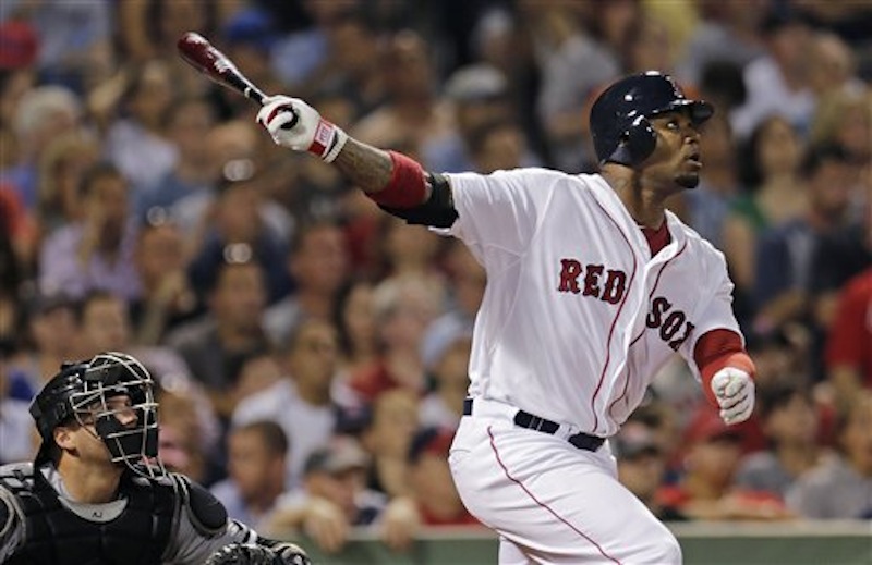 Boston Red Sox's Carl Crawford watches the flight of a fly out to center during the sixth inning against the Chicago White Sox at Fenway Park in Boston on Monday. Crawford returned to the lineup after being on the 60-day disabled list.