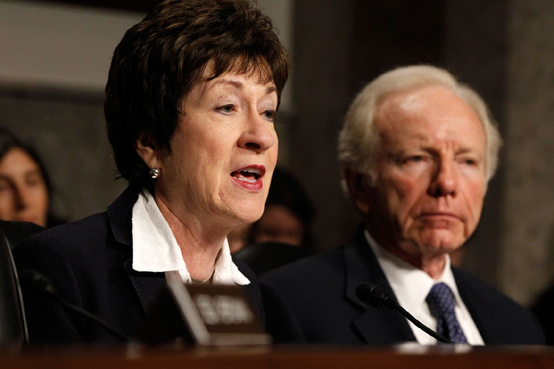 Senate Homeland Security and Governmental Affairs Committee Chairman Sen. Joseph Lieberman, I-Conn, listens at right, as the committee's ranking Republican, Sen. Susan Collins, R-Maine speaks on Capitol Hill in Washington, Wednesday, May 23, 2012, during the committee's hearing where U.S. Secret Service Director Mark Sullivan and the Department of Homeland Security's acting Inspector General Charles K. Edwards testified. (AP Photo/Charles Dharapak)