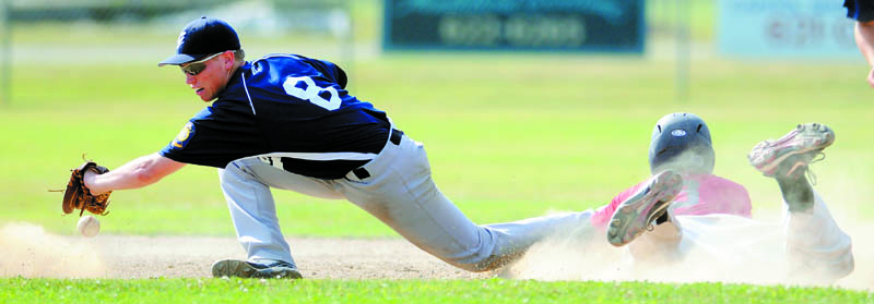 IN THERE: Gardiner second baseman Ben Crocker can’t collect a throw to tag Post 51’s Matt Woodbury during Post 51’s 5-1 win in the if ncessary game of the American Legion Baseball Zone 2 tournament Monday in Augusta.