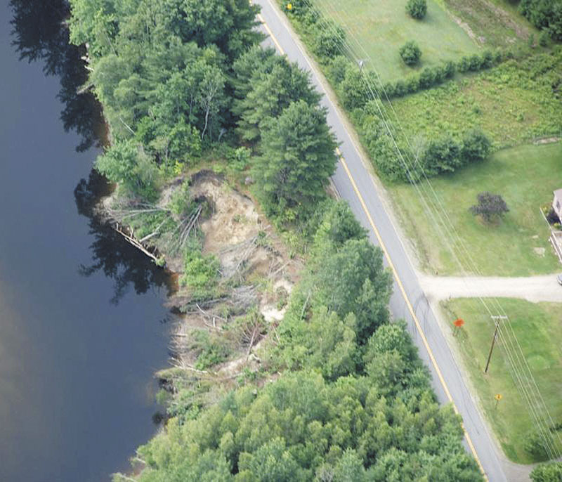 Erosion is seen along the Sandy River in Farmington. Town officials fear it could threaten nearby Whittier Road.
