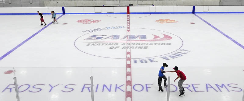 Skaters try out the new ice in The Bank of Maine Ice Vault on Saturday in Hallowell. The ice rink built on the former site of the Kennebec Ice Arena had a soft open on Saturday morning and people got to tour the building and even try out the ice surface.The official grand opening will be in two weeks as part of Old Hallowell Day events.