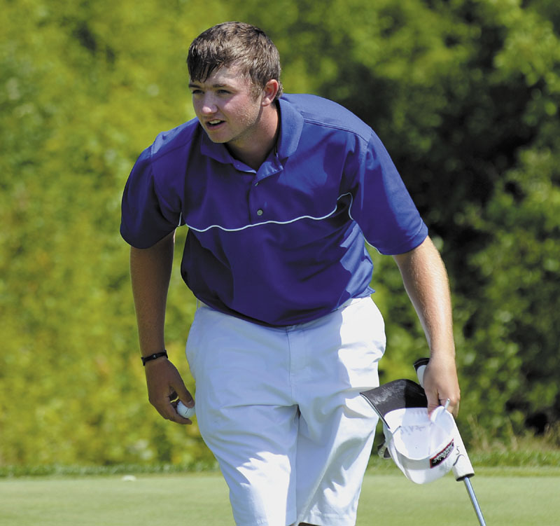 Photo by Gordon Chibroski / Staff Photographer. Thursday, July 12, 2012. 2012. Seth Sweet reacts with contained enthusiasm after parring the 18th and winning the tournament in Maine Amateur Golf action at Sunday River Golf Club in Newry, Maine.