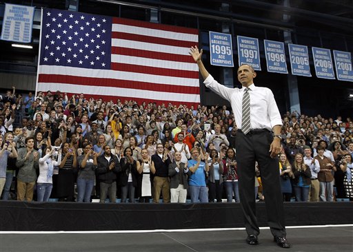 FILE - In this April 24, 2012, file photo President Barack Obama acknowledges the crowd after speaking at the University of North Carolina in Chapel Hill, N.C. Demographic changes and recent election results reveal a more nuanced landscape in southern states now as the two major parties prepare for their national conventions. Republicans convene Aug. 27 in Florida, a melting-pot battleground state, to nominate Mitt Romney of Massachusetts. Democrats will toast Barack Obama the following week in North Carolina, the perfect example of a Southern electorate not so easily pigeon-holed. (AP Photo/The News & Observer, Chuck Liddy, Pool)