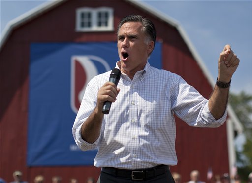 Republican presidential candidate, former Massachusetts Gov. Mitt Romney speaks during a campaign rally with vice presidential running mate Rep. Paul Ryan, R-Wis., on Friday, Aug. 24, 2012 in Commerce, Mich. November�s presidential election offers Americans one of the starkest choices in years. On this, at least, President Barack Obama and Republican rival Mitt Romney can agree.(AP Photo/Evan Vucci)