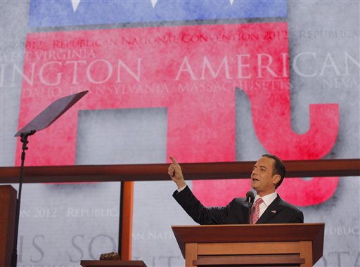 Chairman of the Republican National Committee Reince Priebus speaks to delegates during an abbreviated session the Republican National Convention in Tampa, Fla., on Monday, Aug. 27, 2012. (AP Photo/Charles Dharapak)