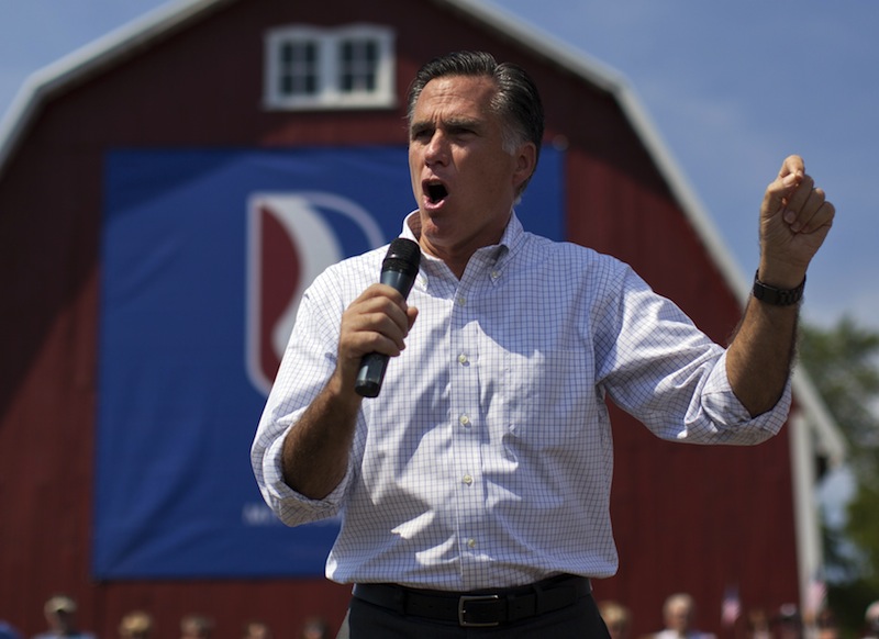 Republican presidential candidate, former Massachusetts Gov. Mitt Romney speaks during a campaign rally with vice presidential running mate Rep. Paul Ryan, R-Wis., on Friday, Aug. 24, 2012 in Commerce, Mich. (AP Photo/Evan Vucci)