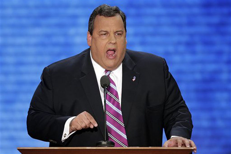 New Jersey Governor Chris Christie addresses the Republican National Convention in Tampa, Fla. on Tuesday, Aug. 28, 2012. (AP Photo/J. Scott Applwhite)