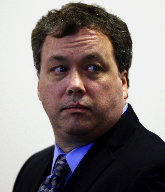 In this May 23, 2011 photo, defendant Mark Kerrigan sits in court during his trial at Middlesex Superior Court, in Woburn, Mass. Kerrigan, brother of Olympic figure skater Nancy Kerrigan, was later convicted of assault and battery in the January 2010 death of their father, Daniel Kerrigan. Mark Kerrigan was released July 27 from jail, but is scheduled to be in court Wednesday, Aug. 8, 2012, when he is expected to ask a judge to return him to jail to serve out the remaining six to eight months of his sentence. (AP Photo/Bizuayehu Tesfaye, Pool, File)