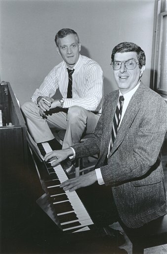 Composer Marvin Hamlisch, right, at the piano with lyricist Howard Ashman in a Sept. 9, 1986, photograph.