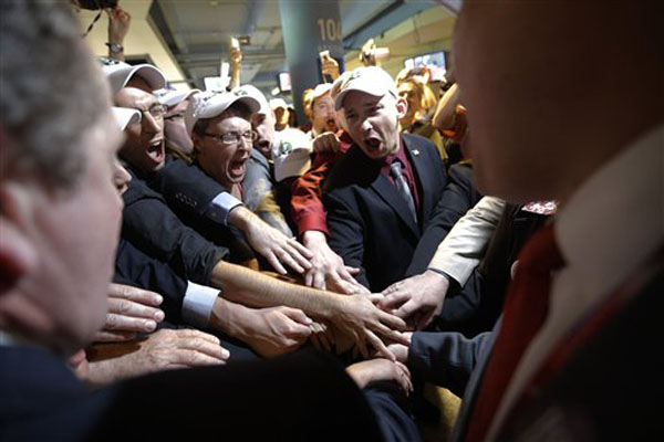 Maine supporters of Rep. Ron Paul, R-Texas, gather in the hallway during the Republican National Convention in Tampa, Fla., on Tuesday.