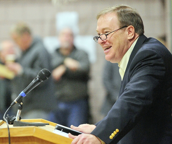 Staff photo by Joe Phelan Senate President and second district congressional candidate Kevin Raye speaks during the Kennebec County Super Caucus at Farrington School in Augusta on Saturday.