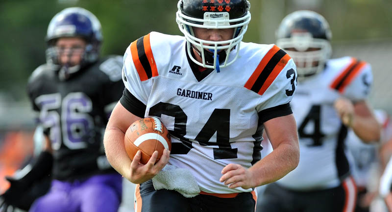 Gardiner High School running back Seth Wing, 34, runs in to the endzone for a touchdown in the second quarter against Waterville Senior High School in Waterville Saturday.