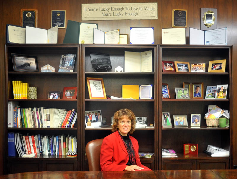 Thomas College President Laurie LaChance sits in her office on campus in Waterville.