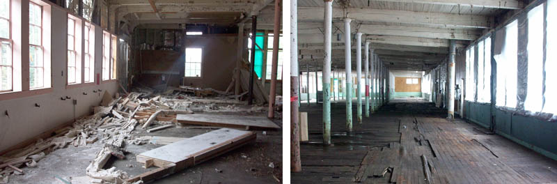 Asbestos-laden debris inside the former Forster Mill in Wilton before the cleanup, left, and after.