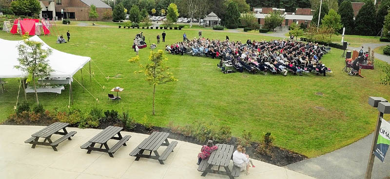President Allyson Handley speaks during the annual Convocation held outdoors on the Campus Green on Friday afternoon at the University of Maine at Augusta.