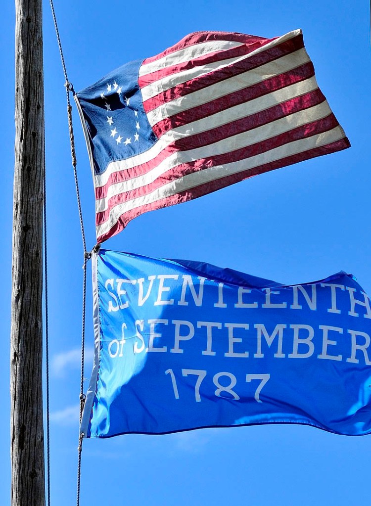 The Daughters of the American Revolution presented the blue flag commemorating the 225th anniversary of the US Constitution during festivities on Saturday afternoon at Old Fort Western in Augusta.