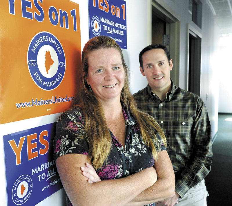 The Rev. Sue Gabrielson and Matt McTighe at their Mainers United for Marriage headquarters in Portland on Friday.