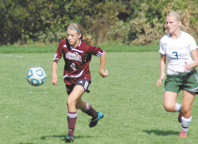 HAVING FUN: Waterville Senior High School graduate Kayla Tuttle had four goals and two assists in four games for the University of Maine at Farmington women’s soccer team before their game Tuesday.