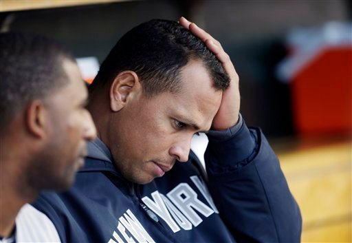 New York Yankees' Alex Rodriguez sits on the bench during Game 4 of the American League championship series against the Detroit Tigers on Thursday in Detroit.