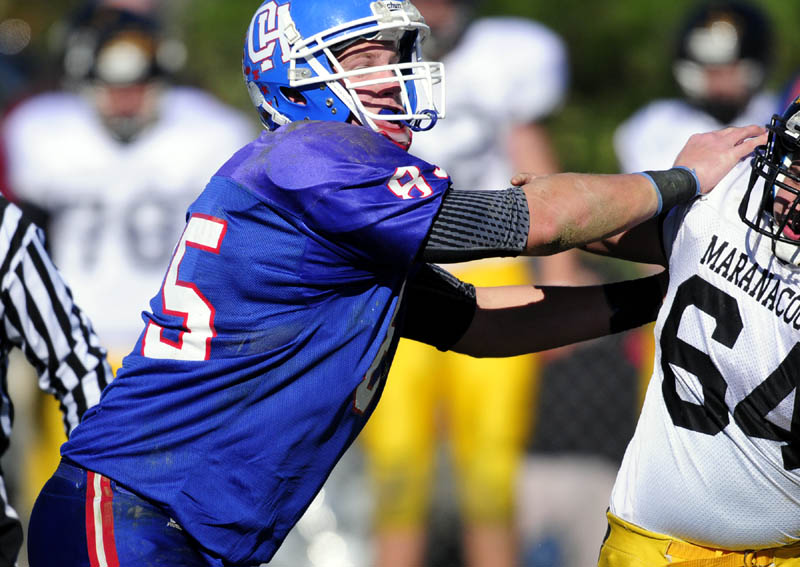 EASY TO SPOT: At 6-foot-3, 230 pounds, Oak Hill High School’s Luke Wahburn is a presence at tight end and defensive end, as well as a handful of other positions for the Raiders. High School in Wales.