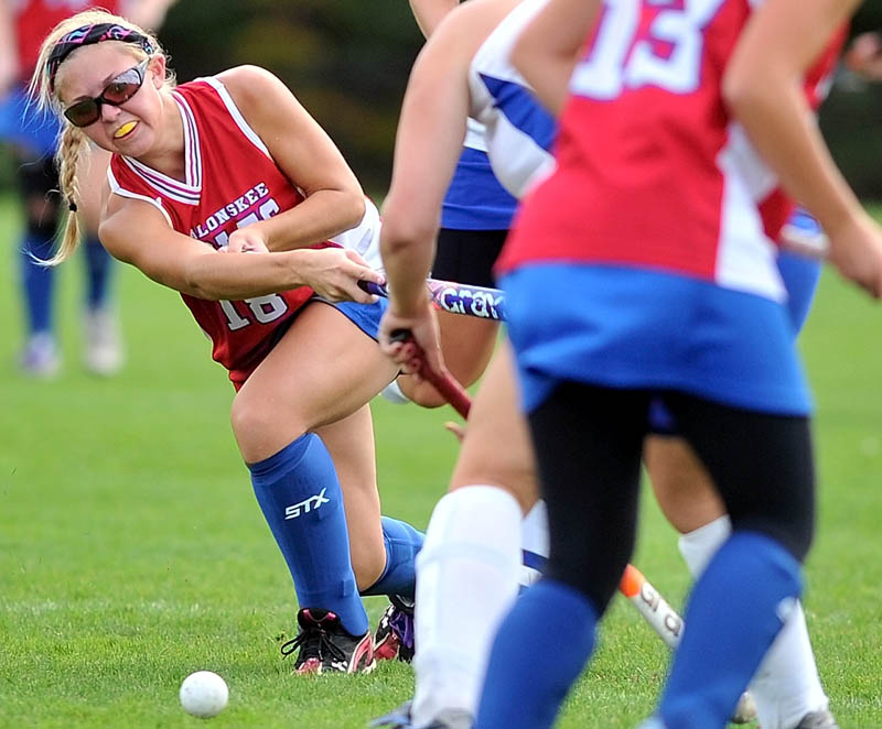 Messalonskee High School's Nikki Collier, 18, takes a shot on Lawrence High School in the first half in Fairfield Tuesday. Messalonskee defeated Lawrence 7-0.