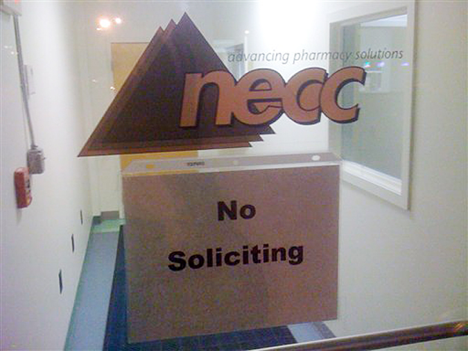 A sign on the door to the New England Compounding Center requests no soliciting at the Framingham, Mass. company, Wednesday Oct. 3, 2012. An outbreak of a rare and deadly form of meningitis has now sickened 26 people in five states who received steroid injections mostly for back pain, health officials said Wednesday. The Food and Drug Administration identified the maker of the steroid as New England Compounding Center, a specialty pharmacy. (AP Photo/Bob Salsberg)