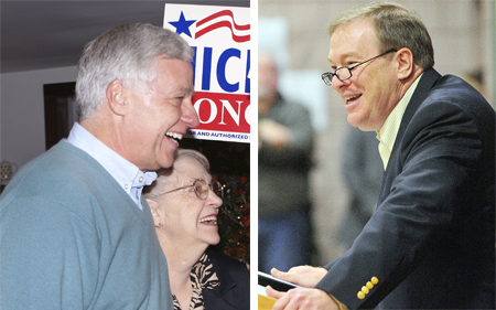 Rep. Mike Michaud, left, and Maine Senate President Kevin Raye, right, debated for the third time Thursday night.