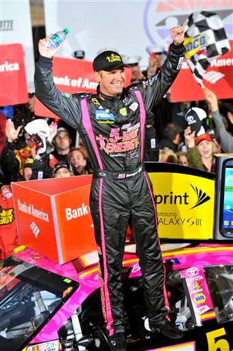 Clint Bowyer celebrates his win in Victory Lane after the NASCAR Sprint Cup Series auto race at Charlotte Motor Speedway, Saturday, Oct. 13, 2012, in Concord, N.C. (AP Photo/Autostock, Nigel Kinrade) MANDATORY CREDIT 2012;Bank of America 500;NASCAR;Race;Charlotte Motor Speedway;October;Sprint Cup Series;Concord;North Carolina;Autostock;Chase