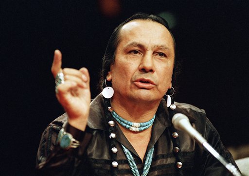 In this Jan. 31, 1989, photo, Russell Means, then-head of the American Indian Movement, testifies before a special investigative committee of the Senate Select Committee on Capitol Hill.