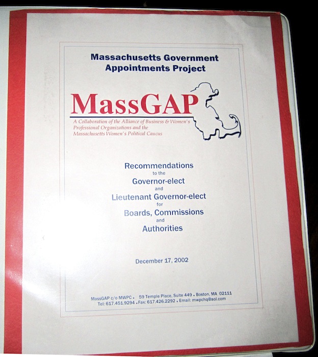 This photo released Wednesday, Oct. 17, 2012 by the Massachusetts Women's Political Caucus shows the cover of a binder produced in 2002 by the Massachusetts Government Appointments Project, listing names of potential female candidates for high-level positions in the state. During the Tuesday night debate against President Barack Obama, Republican presidential candidate, former Massachusetts Gov. Mitt Romney, referred to the MassGAP notebook in saying that he was sent "binders full of women," a comment which touched off a wave of social media parodies. (AP Photo/Massachusetts Women's Political Caucus)