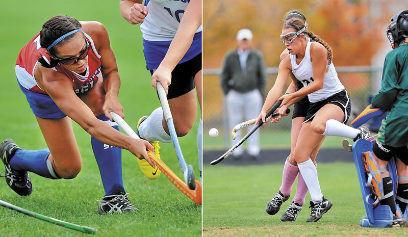FAMILAIR FOES: Messalonskee High School’s Kristy Bernatchez, left, and Skowhegan’s Makaela Michonski, right, lead their teams into the Eastern Maine Class A final today at Hampden Academy. Messalonskee and Skowhegan are playing in the regional final for the fifth straight season.