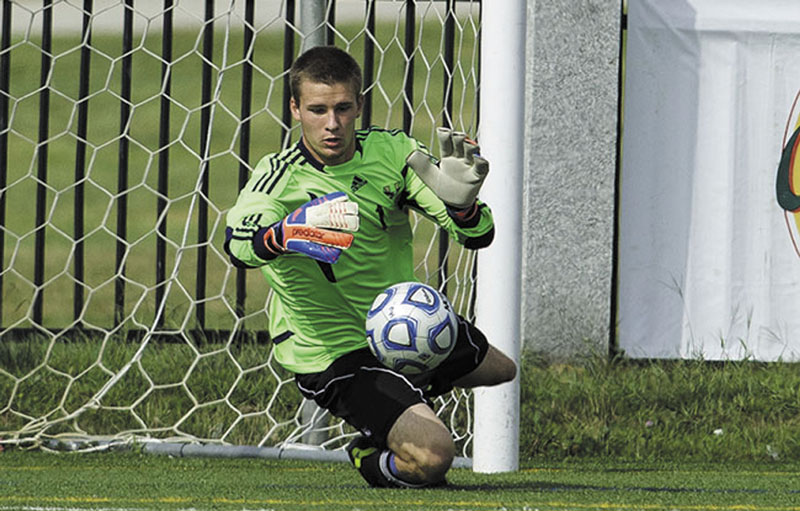 GOOD HANDS: Erskine Academy graduate Brian Potter has a 0.60 goals against average and an .875 save percentage along with four shutouts in 10 games for Husson University this season. Best Shots Husson mens soccer Husson university Husson v UMass Boston eagles fall 2012