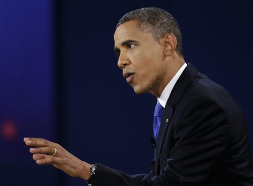 President Barack Obama speaks during the third presidential debate with Republican presidential nominee Mitt Romney at Lynn University, Monday, Oct. 22, 2012, in Boca Raton, Fla. (AP Photo/Eric Gay)