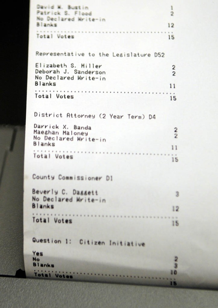 Town Clerk Lisa Gilliam runs the totals after doing a test on Chelsea's new IntElect DS200 electronic ballot-counting machine on Friday afternoon.