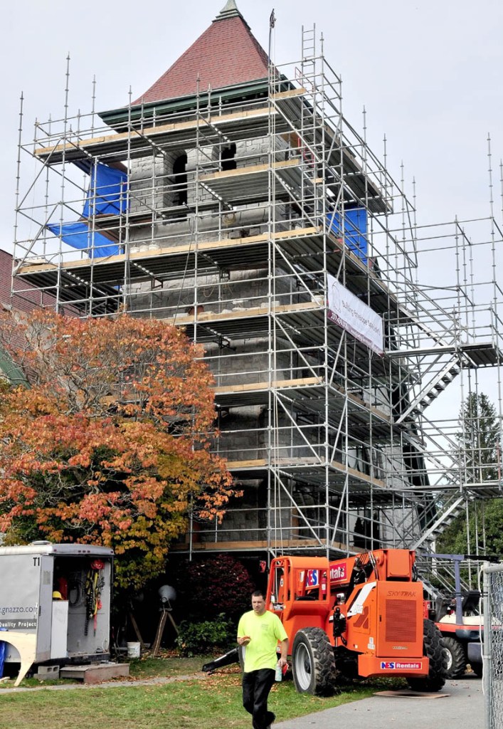 Work continues on improvements to entrances and weatherproofing the steeple on the Moody Memorial Chapel on the Good Will-Hinckley campus on Wednesday. The chapel is now owned by Kennebec Valley Community College.