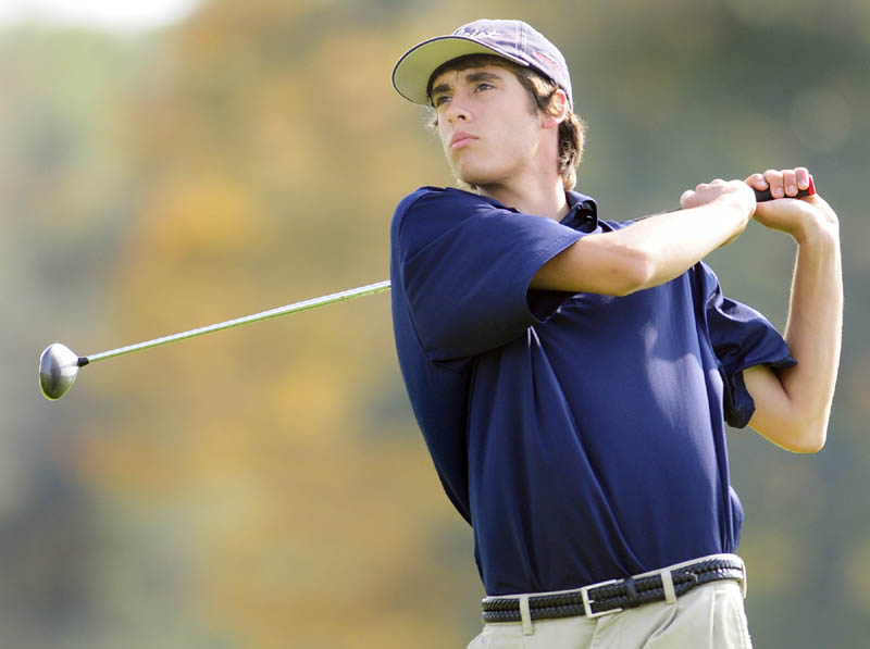 STATE COMPETITOR: Messalonskee’s Taylor Clark drives off sixth hole during the Class A golf team state championships on Saturday morning at Natanis Golf Club in Vassalboro. Clark shot 90 and the Eagles finished ninth with a score of 384.