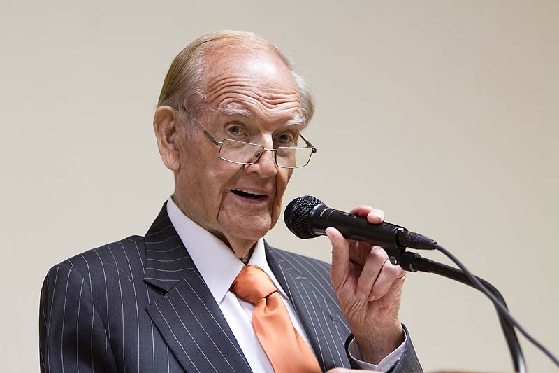 In this photo from July 24, 2010, former U.S. Sen. George McGovern speaks in Columbus, Neb. McGovern, whose anti-Vietnam War stance in his 1972 presidential race against Richard Nixon led to one of the worst electoral defeats in U.S. history, died on Sunday at the age of 90.