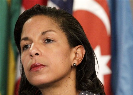 FILE - This June 7, 2012 file photo shows U.S. Ambassador to the U.N. Susan Rice listening during a news conference at the UN. Republican senators' angry criticism of Rice over her initial account of the deadly Sept. 11 attack in Libya smacks of sexism and racism, a dozen female members of the House said Friday. (AP Photo/Bebeto Matthews)